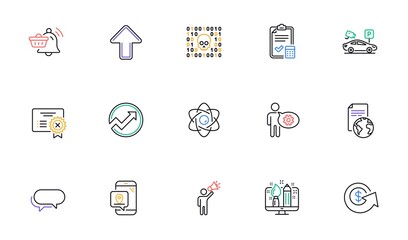 Cogwheel, Messenger and Notification cart line icons for website, printing. Collection of Brand ambassador, Dollar exchange, Reject certificate icons. Translation service, Binary code. Vector