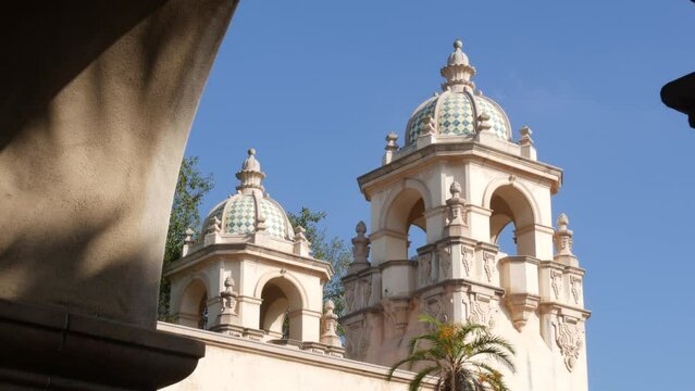 Spanish colonial revival architecture in Balboa Park, San Diego, California USA. Historic building in classic baroque or rococo romance style. Casa or old castle ornamental stucco decor, antique art.