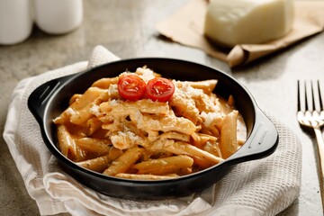 Rose pasta served in a dish isolated on grey background side view fast food