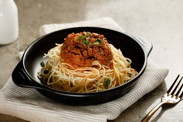 Spaghetti Bolognese Beef served in a dish isolated on grey background side view fast food