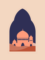 Arabic landscape. Palace in the desert. View from the window to the castle