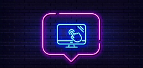 Neon light speech bubble. Touch screen line icon. Online quiz test sign. Neon light background. Touch screen glow line. Brick wall banner. Vector