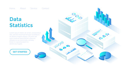 Statistics, document analysis, data collection. Research and information processing. Stacks of documents with graphs, charts. Isometric illustration. Landing page template for web on white background.