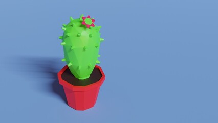 Low poly cactus with flower. Stylized 3d illustration.