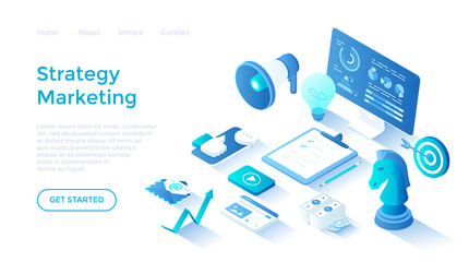 Marketing Strategy. Start up, achieving company goals, business success. Business planning, organization, analytics. Isometric illustration. Landing page template for web on white background.