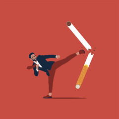 Businessman strongly kicking a cigarette while motivating to quit smoking. Healthy lifestyle. - obrazy, fototapety, plakaty