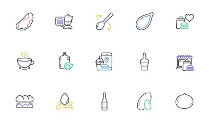 Scotch bottle, Chef and Cooking spoon line icons for website, printing. Collection of Food market, Refill water, Food donation icons. Brazil nut, Coffee cup, Macadamia nut web elements. Vector