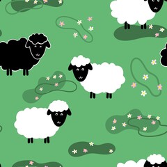 Black and white sheeps on a field seamless pattern - JPEG