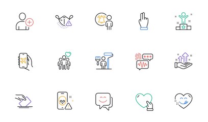 Biometric security, Yummy smile and User notification line icons for website, printing. Collection of Add user, Click hand, Flight mode icons. Volunteer, Smile face, Voting ballot web elements. Vector