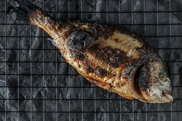 Whole grilled Dorado or Sea Bream on dark textured background. Healthy eating concept. Seafood...