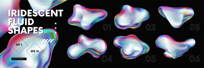 3d Fluid holographic iridescent shapes, abstract colorful bright liquid amorphous rainbow bubbles, fluorescent chameleon gradient vector elements of various forms, set 1