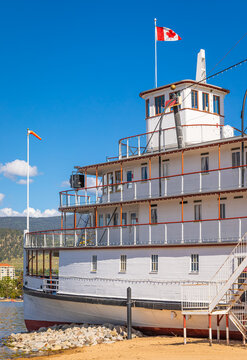 Boats and ships at the Sternwheeler SS Sicamous Heritage Park Okanagan Lake in Penticton BC Canada on summer sunny day