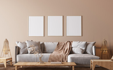 Minimal living room design, white sofa with wooden furniture in bright beige interior background, 3d render