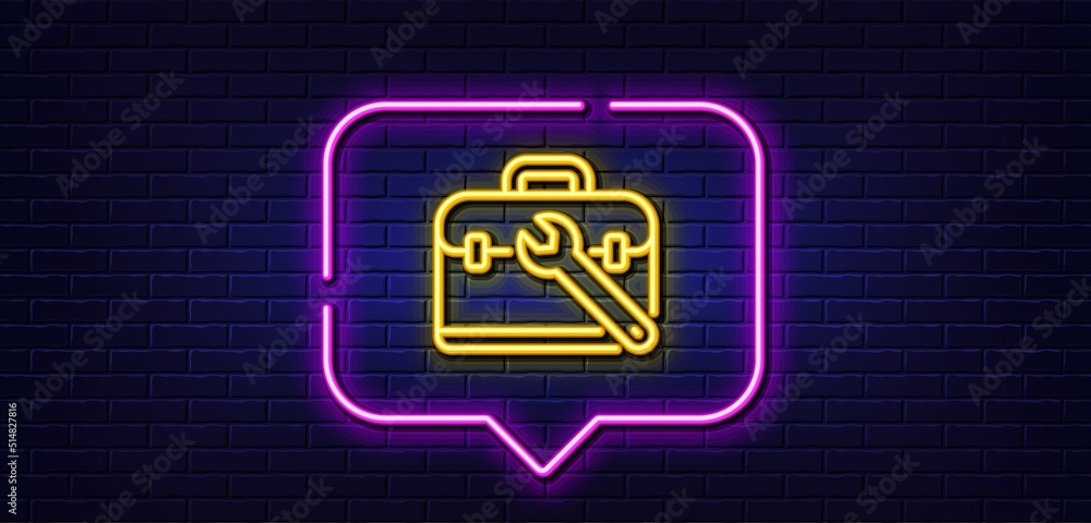 Poster neon light speech bubble. spanner tool line icon. repair tool case sign. fix instruments symbol. neo