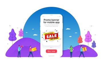 Fototapeta premium Sale 50 percent off banner. Phone ui interface banner. Discount sticker shape. Hot offer icon. Mobile smartphone promo banner. Sale 50 percent tag. Man with gift box. Vector