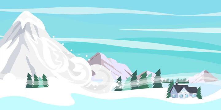 Vector illustration of natural disaster. Cartoon landscape with snow avalanche that descends from the mountains to forests and houses.