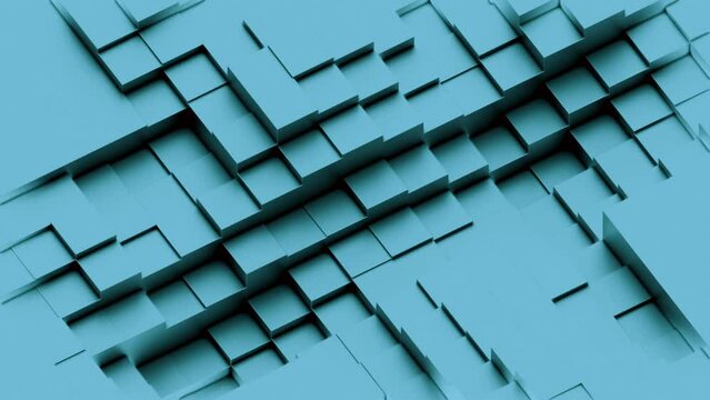 Blue squared moving 3D tiles pattern. Design. Texture of waving cubes creating rippling background.