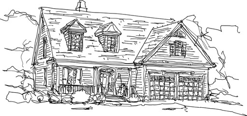hand drawn architectural sketch of beautiful classic detached village house with garden  and trees