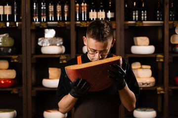 Handsome cheese sommelier holding and sniff limited gouda cheese. Snack tasty piece of cheese for...
