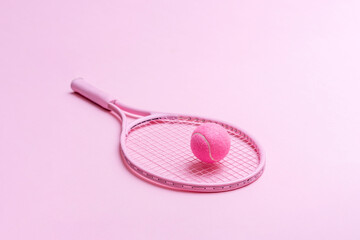 Pink tennis racket and pink ball on pink background. Horizontal sport theme poster, greeting cards,...