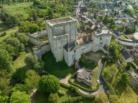 Aerial view of the ancient feudal stronghold of Loches castle with Norman style donjon, gatehouse, outer enclosure with circular towers in the Loire Valley France