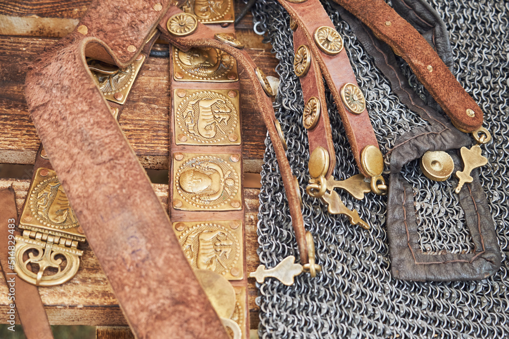 Wall mural Ancient Roman vintage soldier chain mail and leather belt. Reconstruction of military events during the wars of the Roman Empire