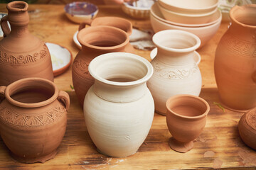 Handmade vintage ceramic tableware according to medieval technologies. Reconstruction of the events of the Middle Ages in Europe.