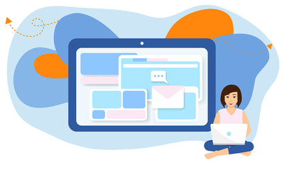 Woman use laptop and computer monitor working at home vector. Freelancer business female