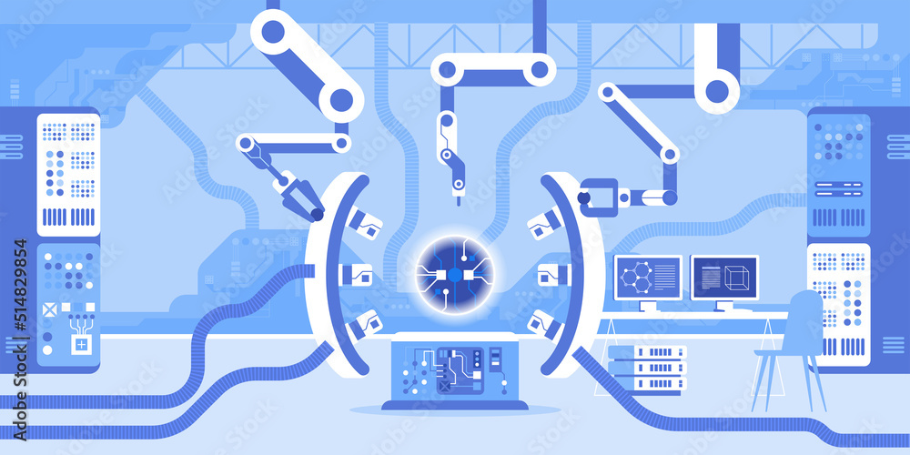 Poster technology and science for industry development. flat color vector illustration. high tech in manufa