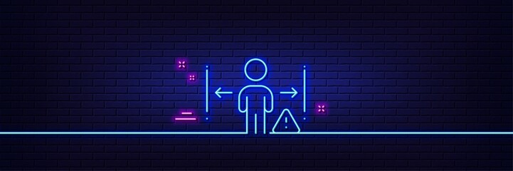 Neon light glow effect. Social distance line icon. People isolation sign. Prevention rules symbol. 3d line neon glow icon. Brick wall banner. Social distance outline. Vector