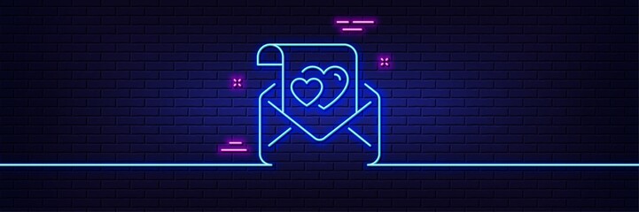 Neon light glow effect. Love letter line icon. Valentine sign. Couple relationships symbol. 3d line neon glow icon. Brick wall banner. Love letter outline. Vector