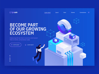 Become part of our growing ecosystem isometric vector image on blue background. Team building and recruitment. Engaging skilled staff. Web banner with space for text. Composition with 3d components