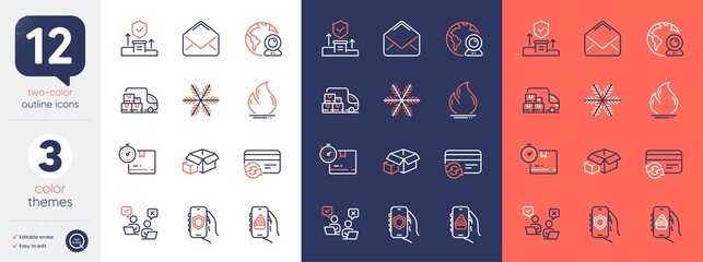 Set of Video conference, Mail and Fire energy line icons. Include Snowflake, Packing boxes, Food app icons. Cardboard box, Online voting, Delivery truck web elements. Change card. Vector