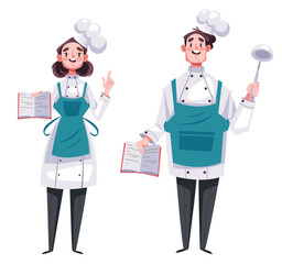 Cook chef man woman cartoon characters isolated on white background. Vector design element cartoon illustration