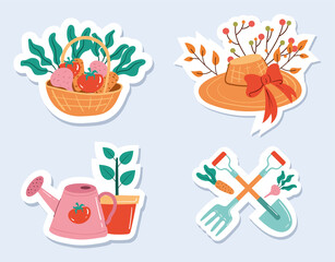 Gardening farming tools stickers isolated concept set. Vector design element cartoon illustration