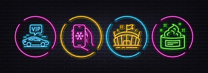 Air conditioning, Vip transfer and Arena minimal line icons. Neon laser 3d lights. Skin cream icons. For web, application, printing. Smartphone weather, Exclusive transportation, Sport stadium. Vector