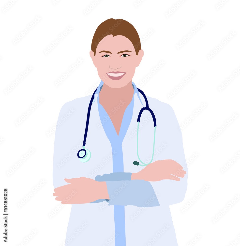 Sticker doctor with stethoscope on white background. vector illustration