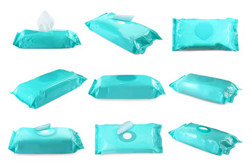 Set with packs of wet wipes on white background