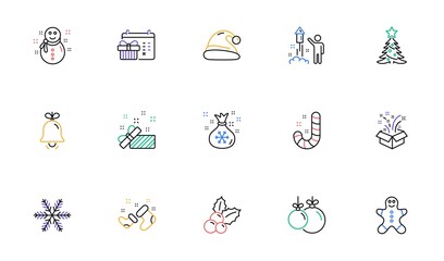 Christmas line icons. Santa hat, Snowflake and Gift box. New year linear icon set. Bicolor outline web elements. Vector