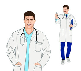 Fototapeta premium Doctor with stethoscope on white background, collage. Vector illustration