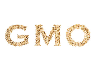 Abbreviation GMO made of quinoa seeds on white background