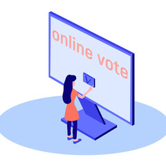 Illustration of woman and computer monitor on white background. Online voting concept