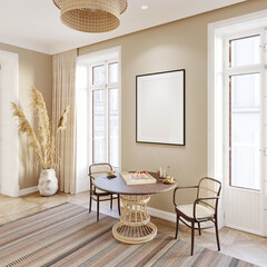 A cozy dining room in warm colors with a blank vertical poster on the wall between two balcony doors, a round wooden table with rattan chairs, large spikelet in a clay vase near a curtain. 3d render