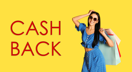 Beautiful woman with shopping bags and words Cash Back on yellow background. Banner design