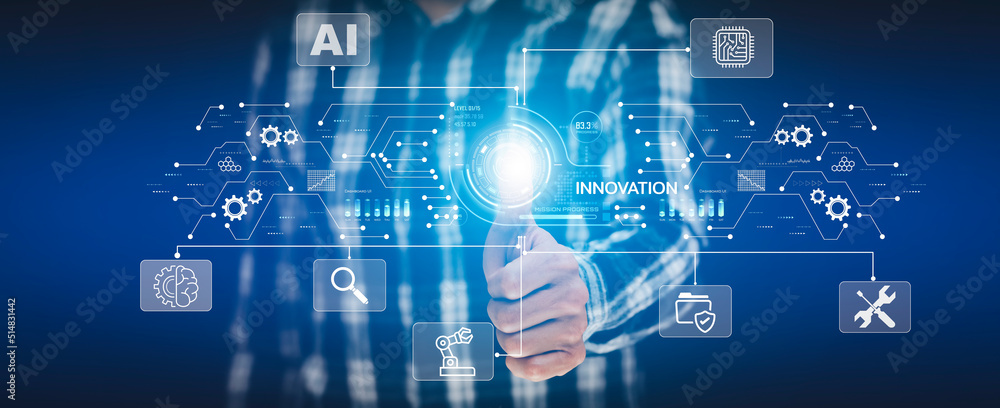 Poster innovation with graphical user interface concept, businessman pointing on a virtual panoramic screen