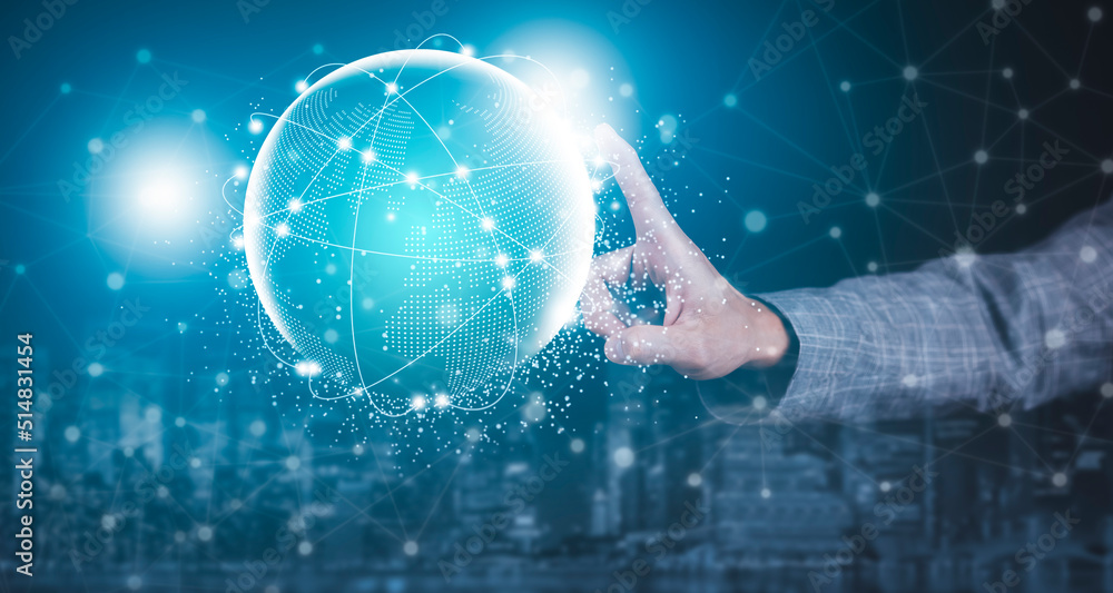 Poster businessman holding connections system and global data exchange. ,business network connection concep