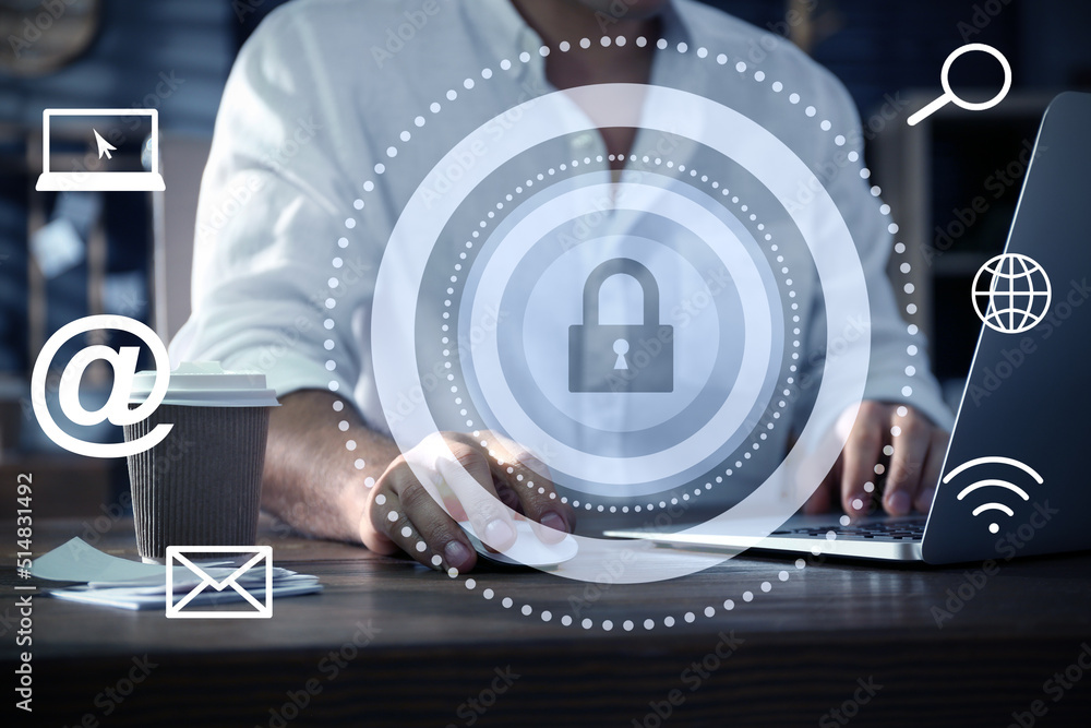 Aufkleber cyber security concept. illustration of different virtual icons and man working with laptop at table