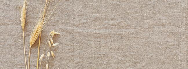 Eco friendly banner with ears of rye and wheat on a linen background with copy space. Natural...
