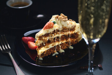 Close up view carrot cake served with beverages