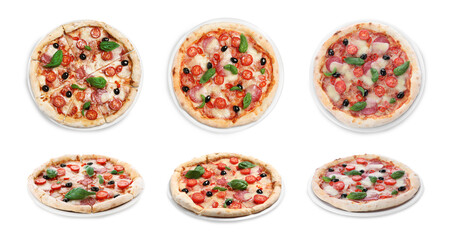 Set with different delicious pizzas on white background